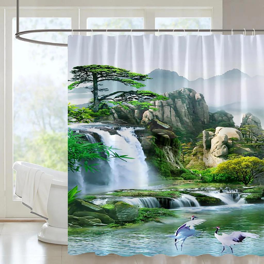 Mountain Forest Streams Natural Landscape Shower Curtain Set Waterfall Scenery View Plant Orchid Printing Bathroom Decor Curtain