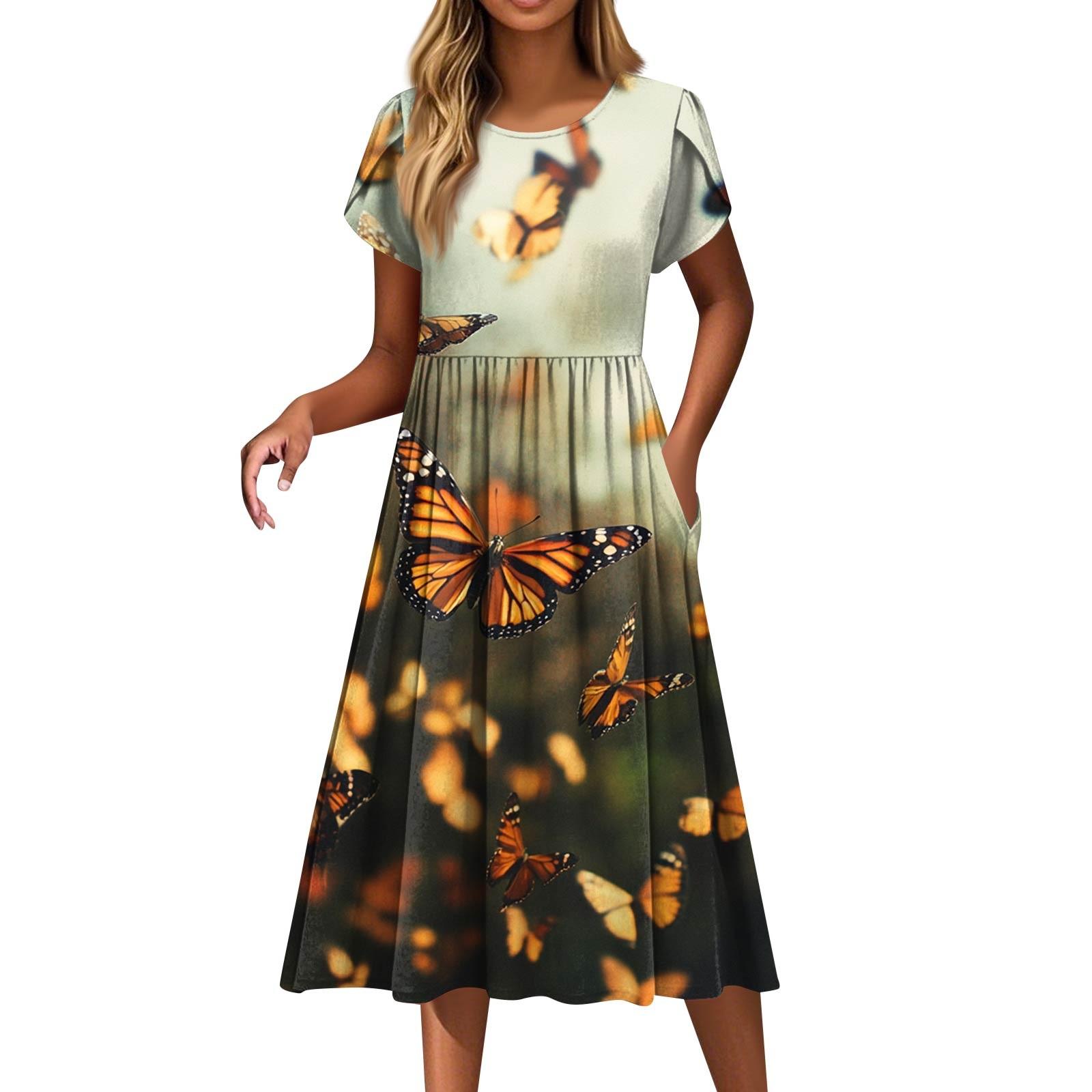 

Women s Dresses Butterfly Pattern Round Neck Short Sleeve Dresses XL жовтий