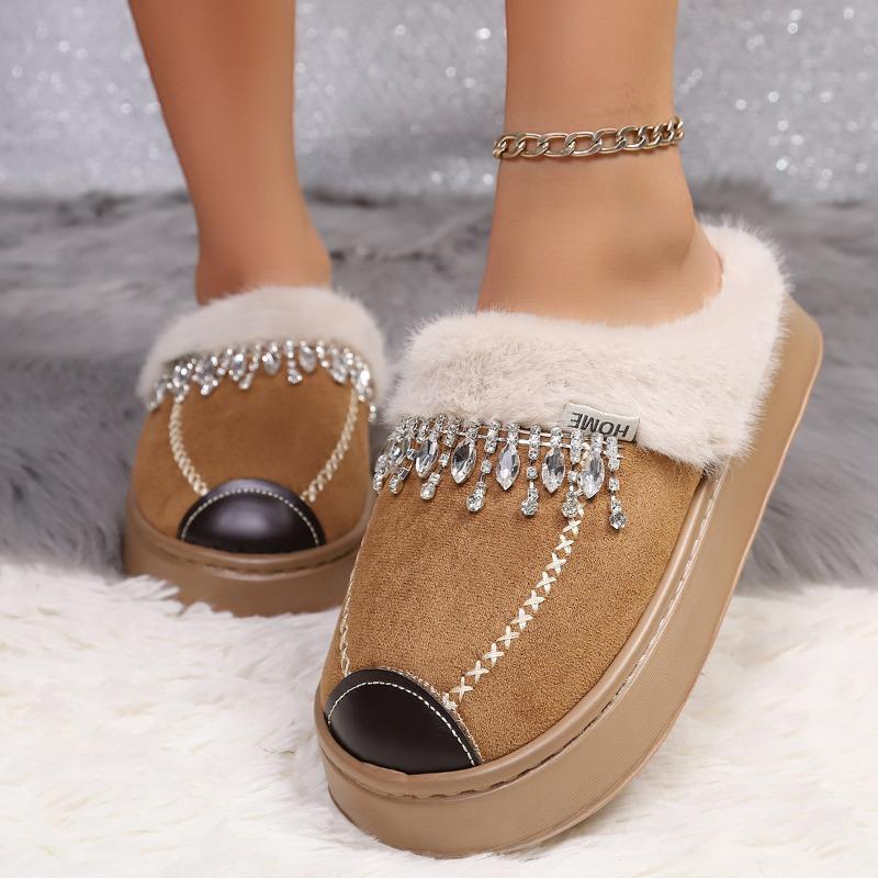 Baotou Cotton Mopping Winter New Round Head Suede Tassel Rhinestone Platform Anti-Slip Semi-Mopping