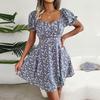 Women's Summer Floral Dress Square Collar Short Sleeve Lace Up Elegant Spring Outfit Sizes S-XL