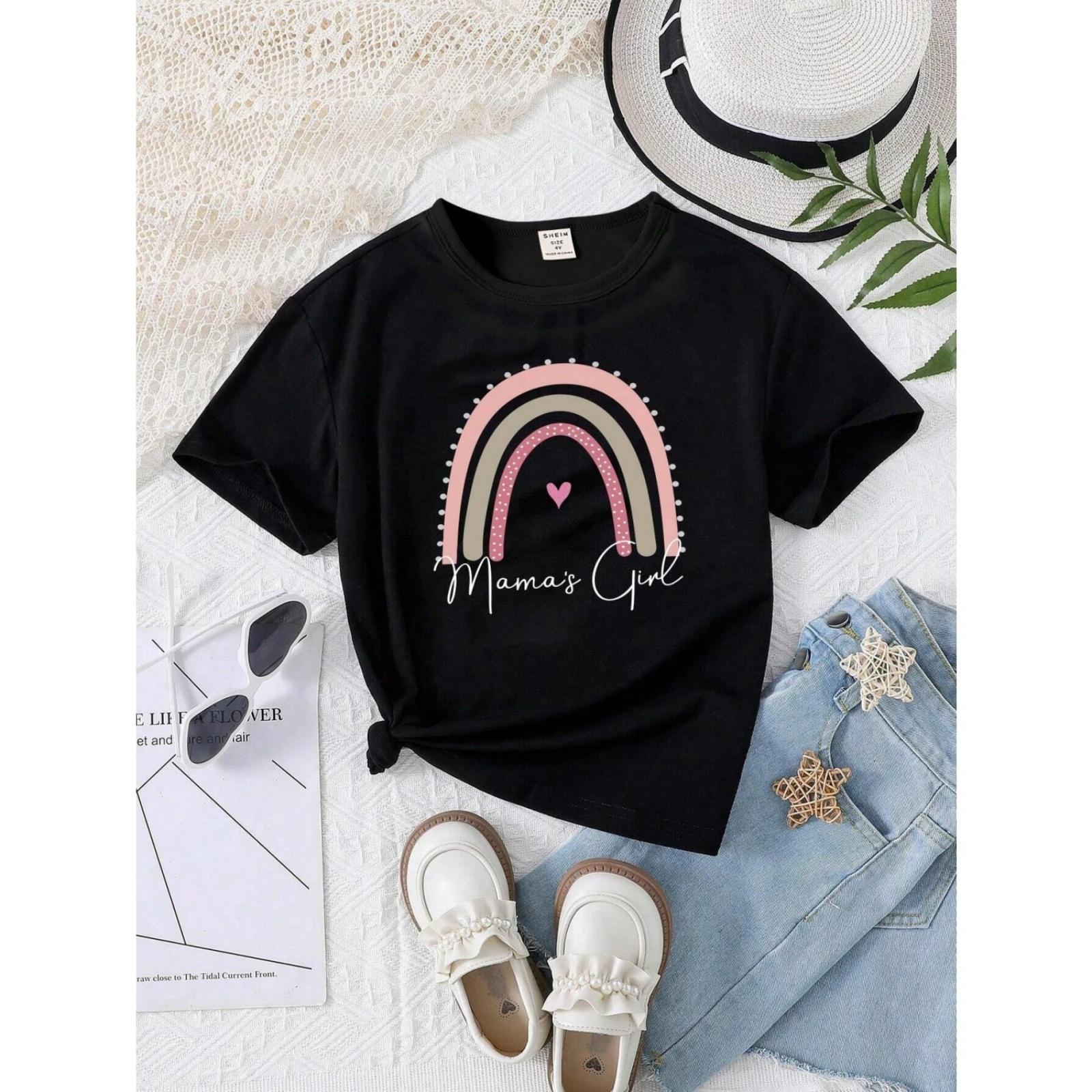 

Cartoon rainbow letter print pattern short sleeve round neck T-shirt cute and versatile for girls suitable for spring and summer S