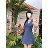 Bow Contrasting Color Plaid Neck Dress Women's Summer New Small Age-reducing Waist A-word Short Skirt