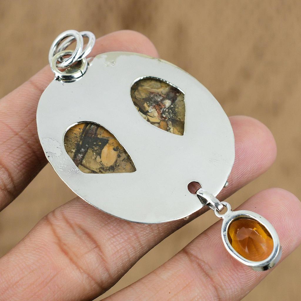 Brecciated Mookaite Gemstone Citrine Handcrafted Wedding Pendant Sterling Silver