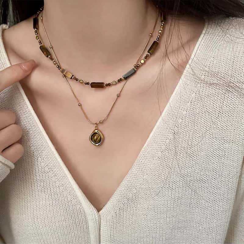 Retro Temperament Layered Tiger Eye Stone Pendant Necklace For Women Stainless Steel Double-Layer Collarbone Chain Sets Jewelry