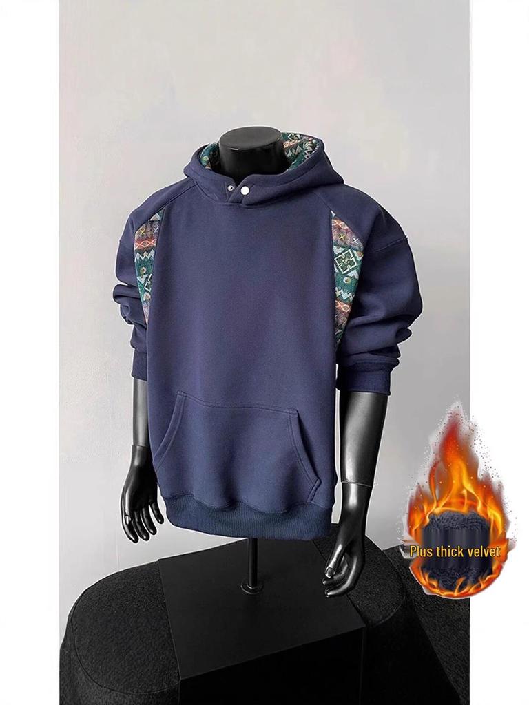 Men's Autumn Patchwork Hoodie: Chinese Ethnic Style, High Collar, Long Sleeve