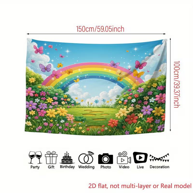 2D Fairy Tale Garden Backdrop, Sparkling Rainbow with Flowers and Butterflies Background for Nursery & Kids Photos