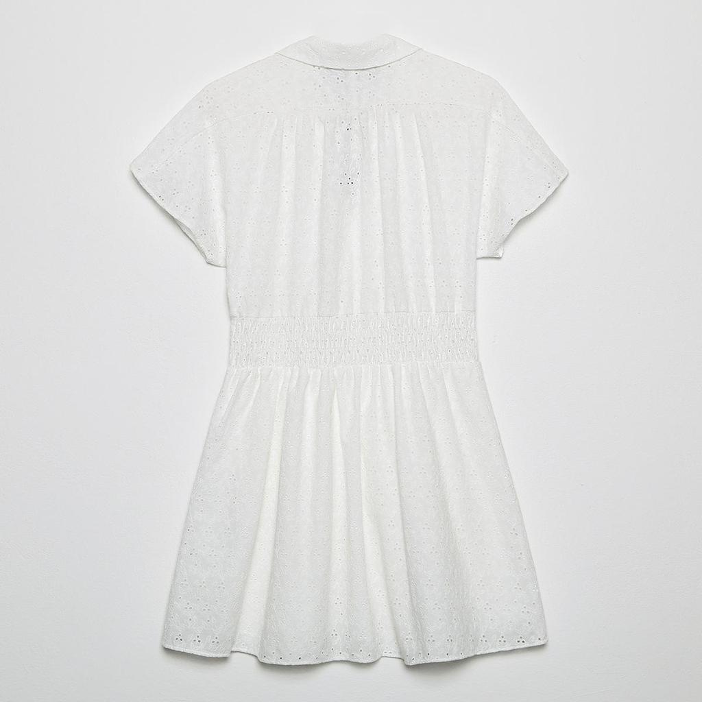 Frauen V-Ausschnitt Kurzarm Strethy Taille Frauen Mini Stickerei weißes Baumwollkleid