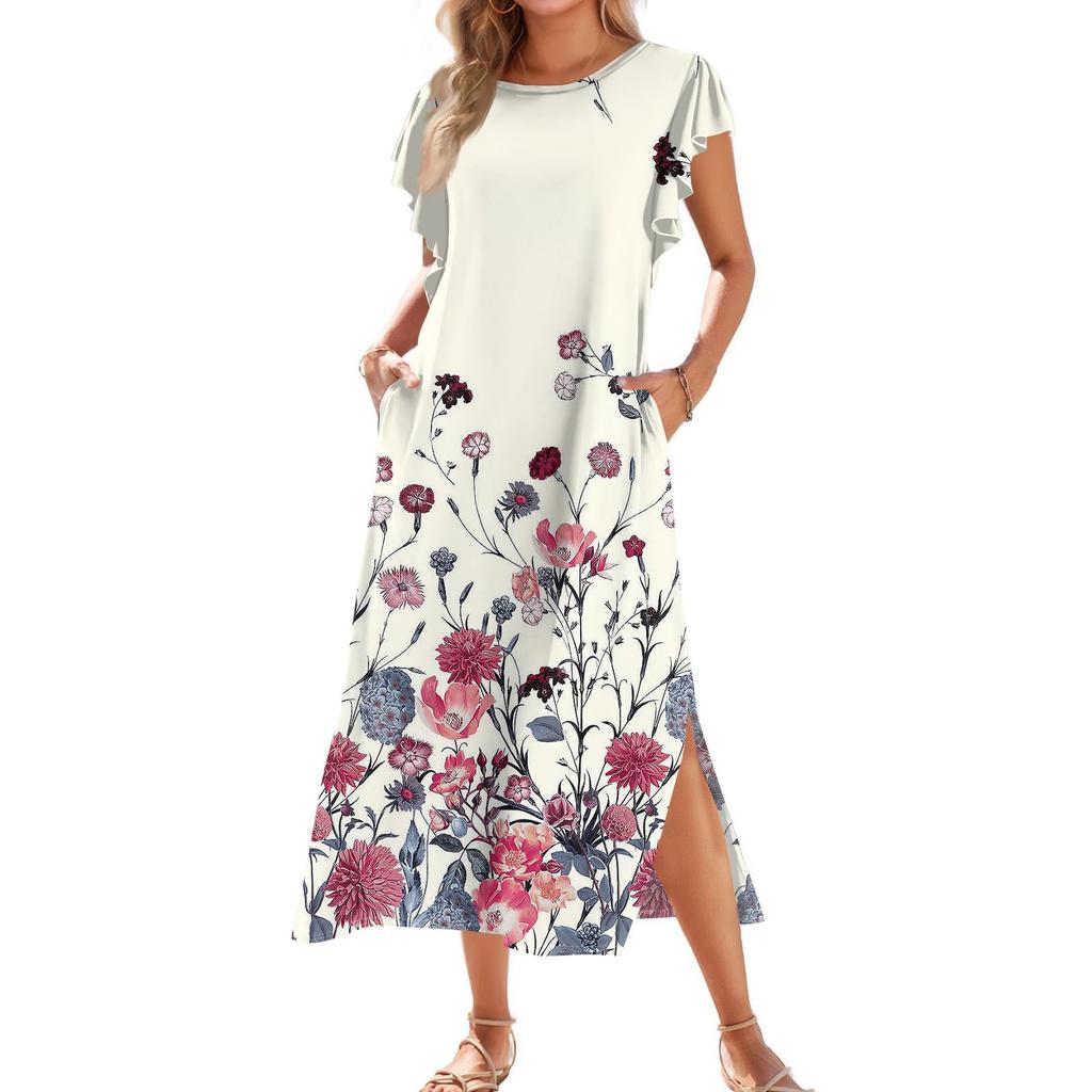 Ladies' Fashionable Summer Casual Pleated Sleeves, Loose Retro Floral Print, Short Sleeves, Round Tie, Pocket Beach Dress