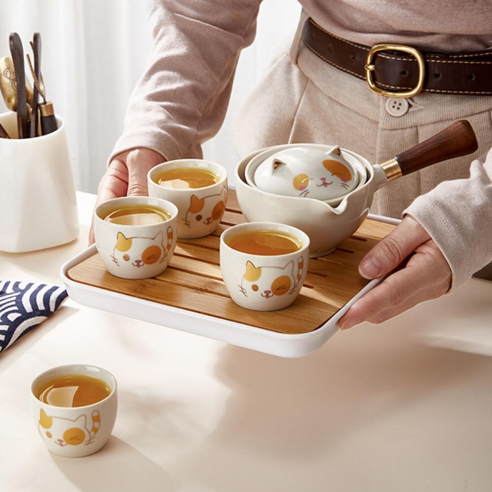 5/7pcs 360° Rotating Lucky Cat Teapot Set Ceramic Bubble Tea Set Exquisite Kung Fu Tea Pot Set  Gift