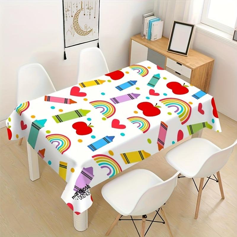 1pc, Colorful Doodle-print Tablecloth, Polyester Material, Pure White Base, Featuring Vibrant and Cute Cartoon Crayons, Rainbows, Red Apples, and Hear