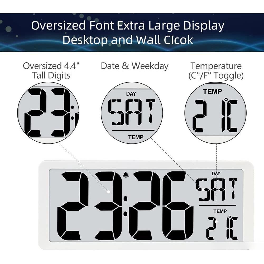 12/24H Desktop Day Electronic Alarm Clock Large Digital Wall Clock Battery Operated Alarm Clock Living Room Office Decor