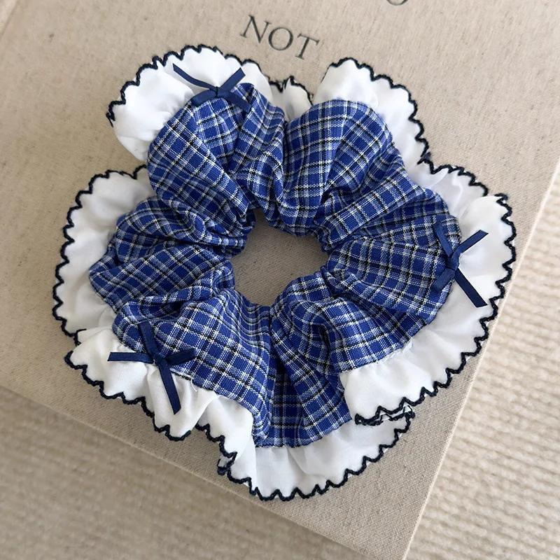 Retro Blue Checkered Hair Ties Fabric Webbing Bow Square Headbands Womens Temperament Head Rope Female Party Accessories Fashion