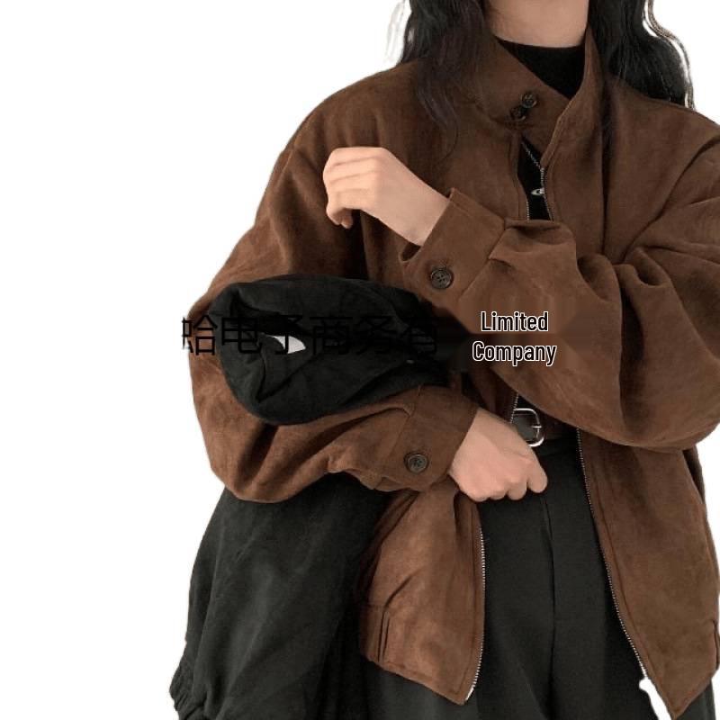 Women's Retro Faux Suede Jacket - Slim Fit, Loose, Short Top for Spring & Autumn