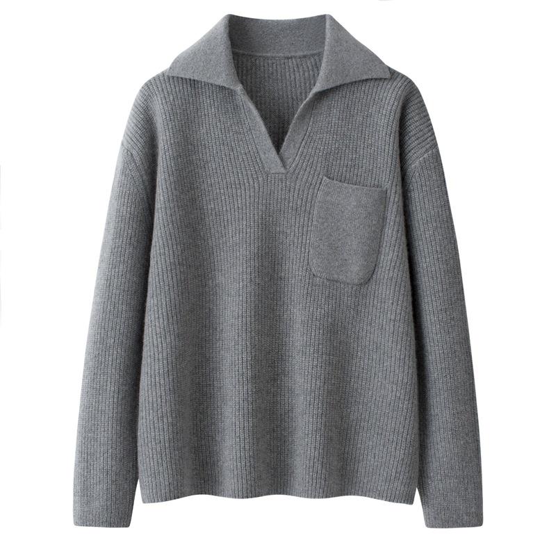 

Retro Loose Fit Polo Collar Cashmere Sweater - 100% Pure Cashmere, 2-Ply Garter Stitch Extra Small серый