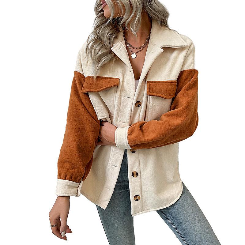 Women's Spliced Woolen Warm Polar Fleece Lapel Thickened Jacket