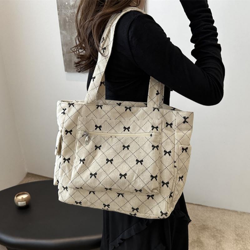 Bow Diamd Women's Sweet Shoulder Bag Soft Corduroy Female Retro Shopping Bags Multi-pocket Ladies Travel Tote Purse Handbags
