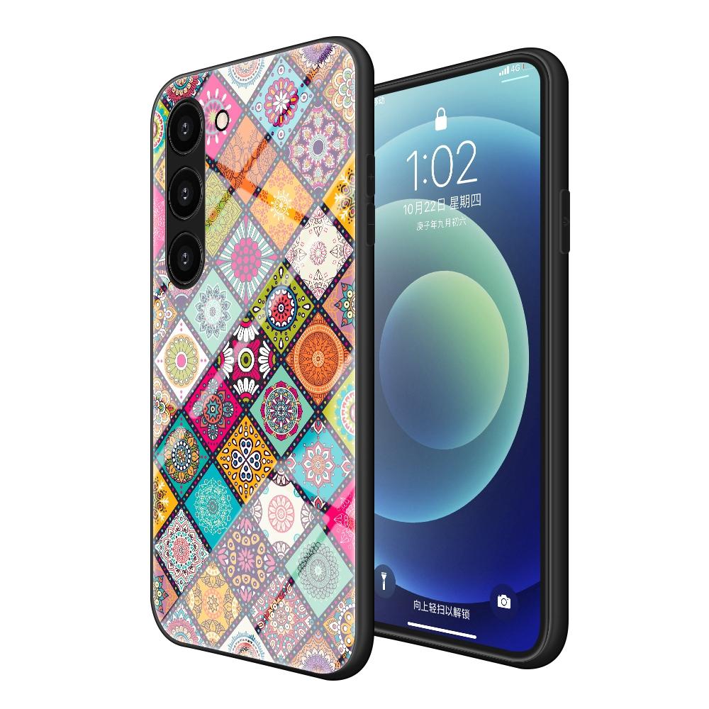 

Kickstand Phone Case For Samsung Galaxy S23 Flower Pattern Tempered Glass+Hard PC+Soft TPU Protective Hybrid Cover with Lanyard Checkered Pattern