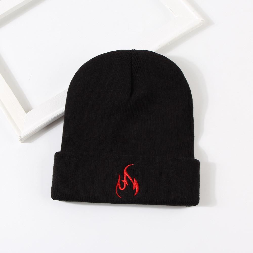 New Fashion Flame Embroidery Warm Knitted Hat Winter Couple Ear Protection Beanie