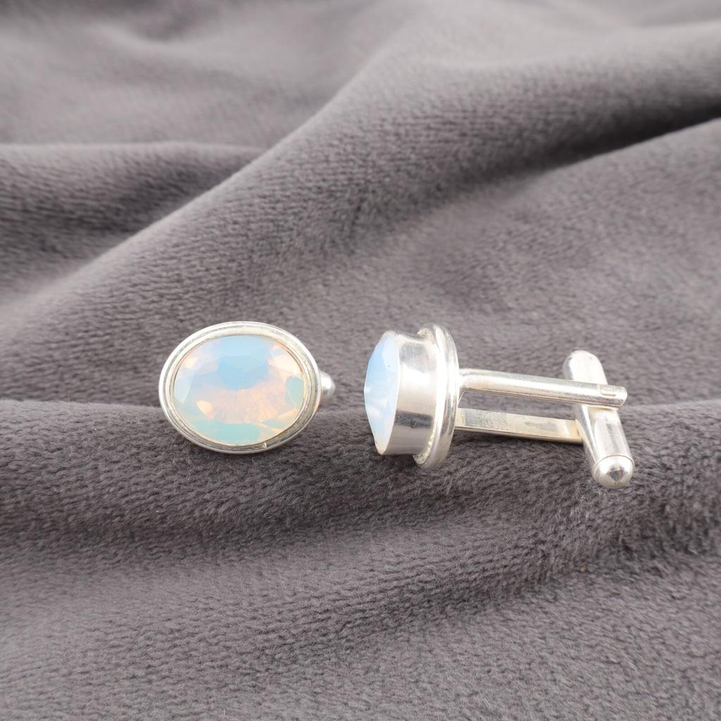 Milky Opal Gemstone 925 Sterling Silver Handmade Jewelry Men's Cufflinks 0.59" CL-2-20