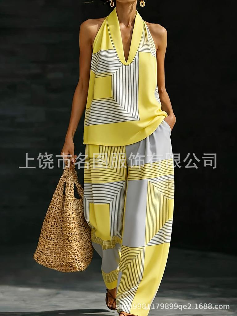 Women's summer casual wide-leg pants two-piece fashion trendy 1116 new European and American style sleeveless loose shoulder suit