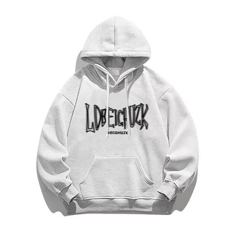 Hong Kong Style Unisex Heavyweight Hooded Sweatshirt with American Letter Print - Trendy and Warm Velvet Outerwear Large серый