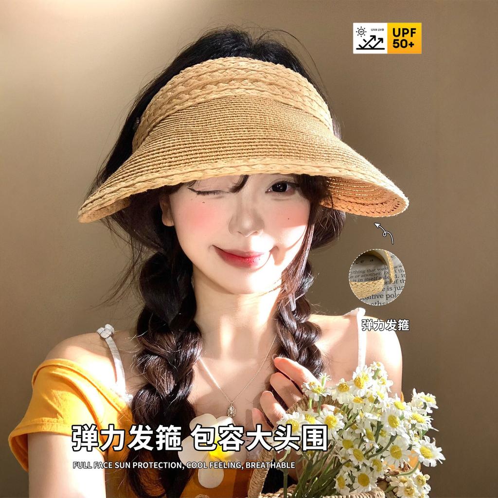 Big brim straw woven empty top sun protection hat women's summer photo vacation headband sun hat seaside beach sun hat