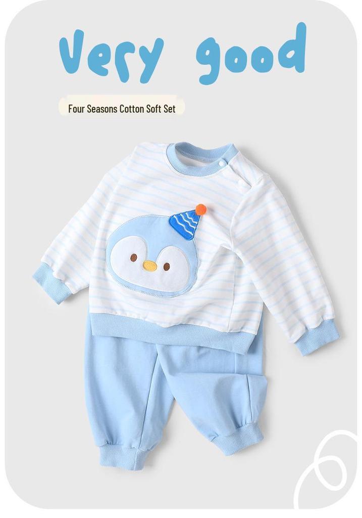 Korean Cartoon Penguin Hoodie Two-Piece Set: Baby Striped Long Sleeve Shirt for Spring, Autumn, Winter
