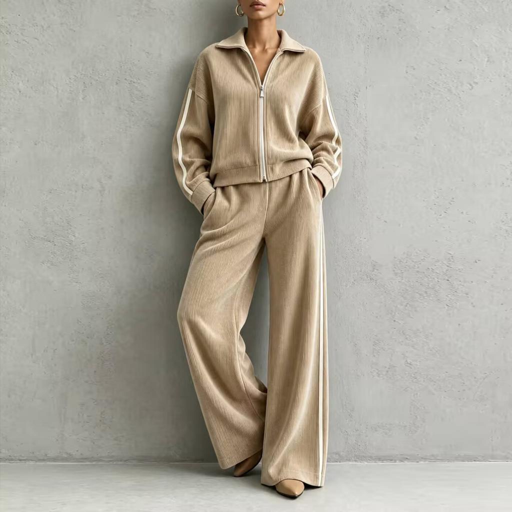 Women's Corduroy Casual 2 Piece Outfit with Zip Front Jacket and High Waist Wide Leg Pants for Fall Winter