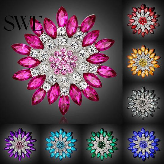 Women Fashion Flower Brooch Crystal Rhinestone Jewelry for Wedding Party Gift