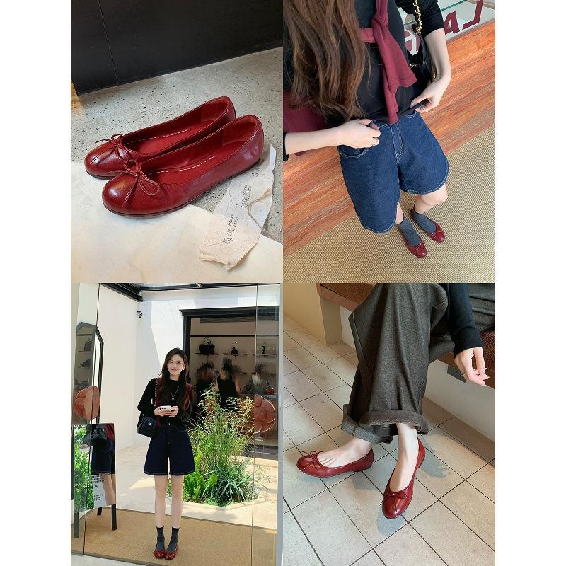 Super Soft Washed Horse Skin Grape Mother Same French Retro Bow Shallow Mouth Single Shoes Women's Versatile Ballet Flats