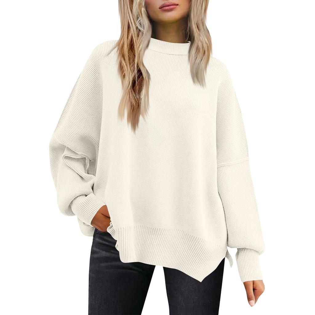 Women's Fashion Round Neck Long Sleeve Sweater Knitted Side Slit Pullover