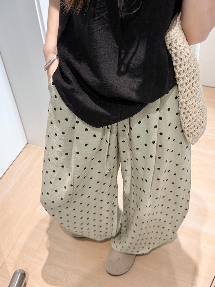 Damen Hochtaillierte Leinenhose mit Polka Dots - Sommer Elastisch Weiter Bein, Große Größe