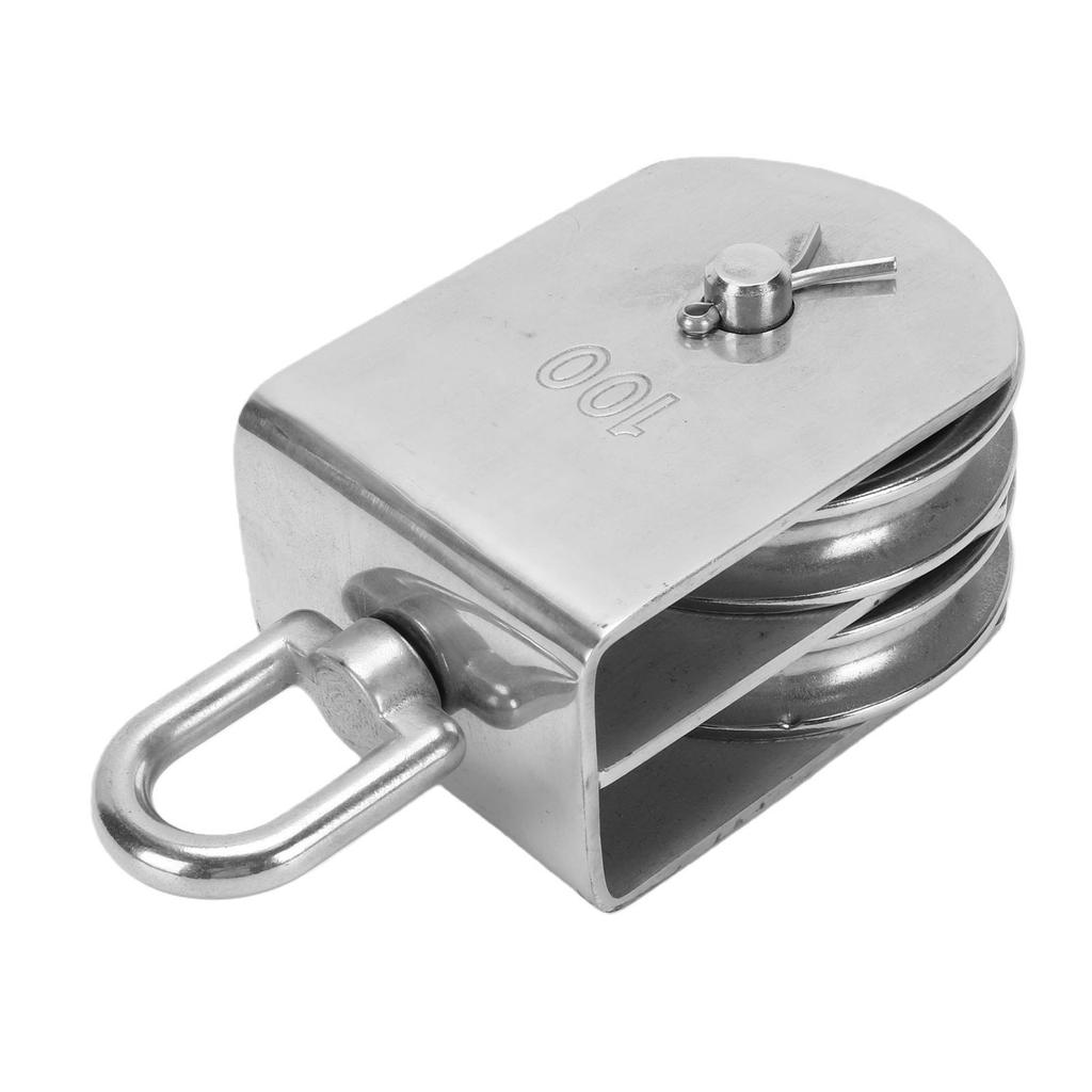 M100 Heavy Duty Double Wheel Rotating Lifting Pulley Block Stainless Steel for 3 8 Inch Rope