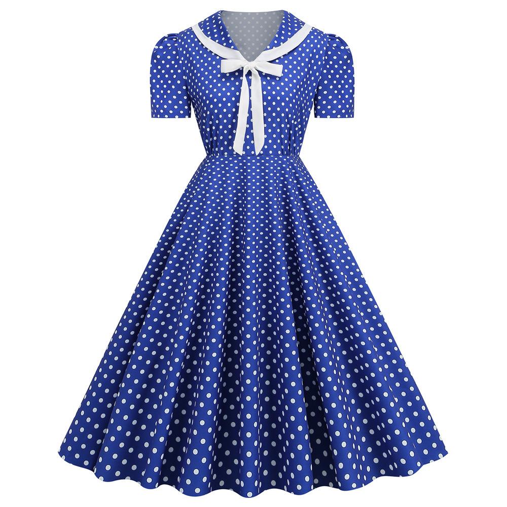 Women s Elegant And Fashionable Casual V-neck Bowknot Retro Polka Dot Dress For Summer L