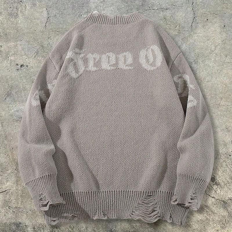 Vintage Trendy Distressed Knit Sweater Loose Fit Crewneck Long Sleeve Couple Top Fall