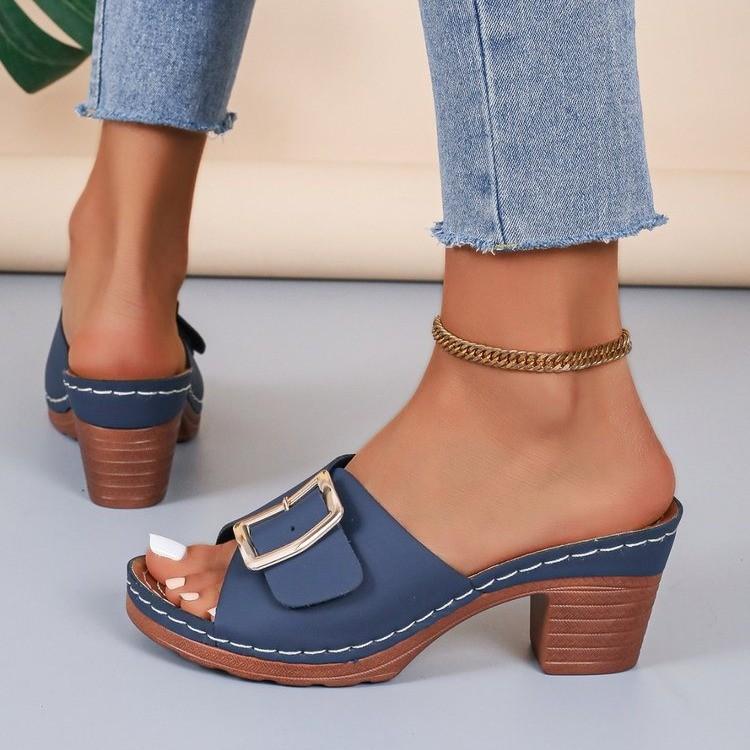 

Крутые тапочки с пряжкой на ремне, женские, 2025 года, модные, с круглым носком, с открытым носком, большого размера, на высоком каблуке, толстый каблук, одно слово, перетаскивание 36 синий