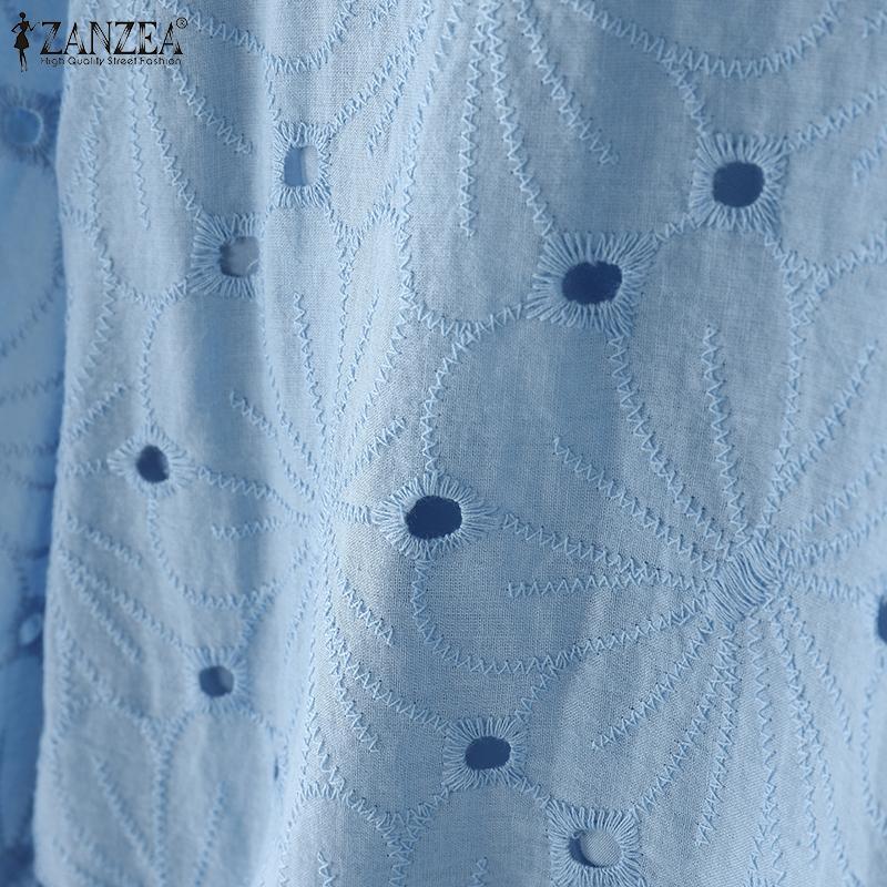 ZANZEA Women Casual Round Neck 3/4 Sleeve Loose Patchwork Crochet Blouse