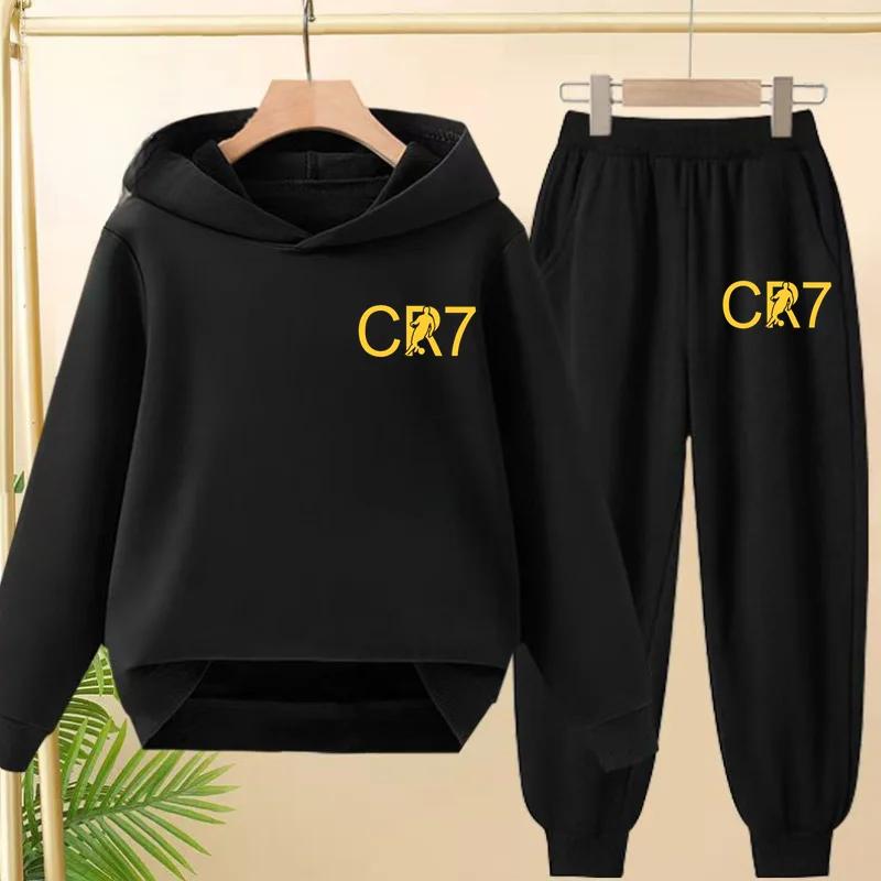 Kinder Gelb CR7 Fußball Idol Aufdruck Hoodie Set Jungen Mädchen Sport Jogging Freizeit Sweatshirt Oberteil mit Hose 2-teiliges Kleinkind Outfit