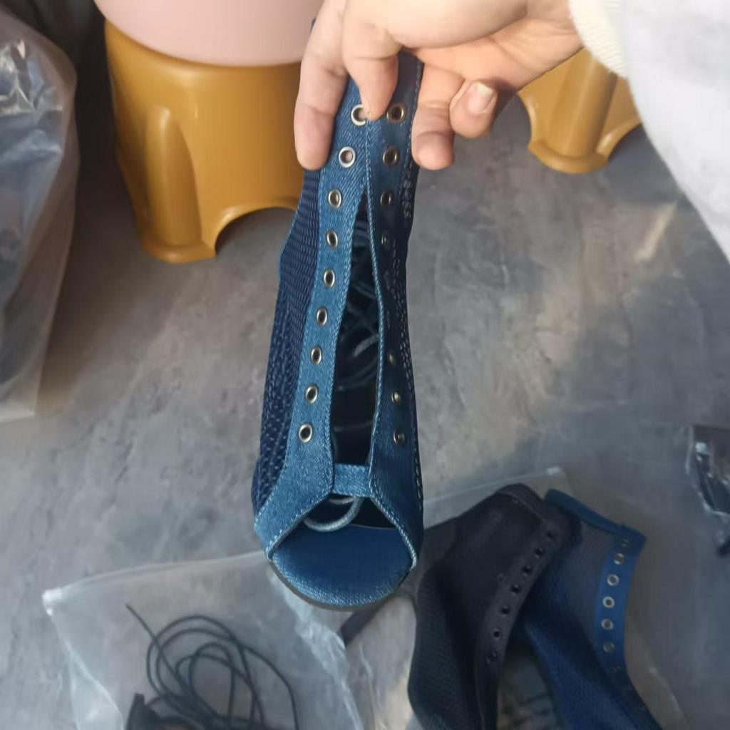 Sandale de damă cu toc înalt, cu șireturi, plasă peep-toe, mărimi mari, primăvară/vară 2024