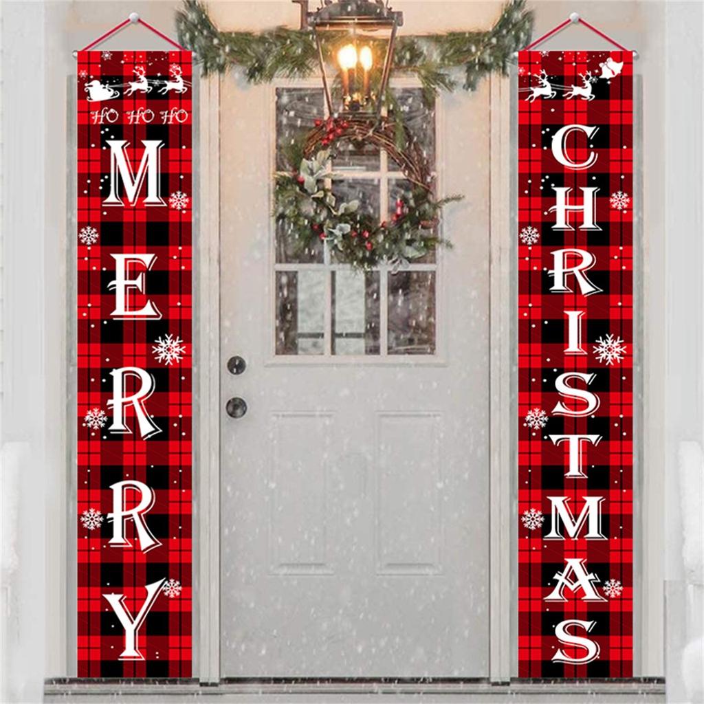Merry Christmas Decorations Banner, Christmas Porch Sign Red Plaid Hanging Banners For Indoor Outdoor Front Door Wall Xmas Decor