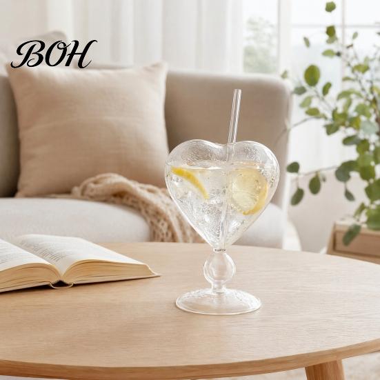 Glass Cup with Round Bead Design Creative Heart-shaped Goblet Straw, Personalized Wine Juice Fruit Drink Straw Cup, Love Heart Stemware for Champagne