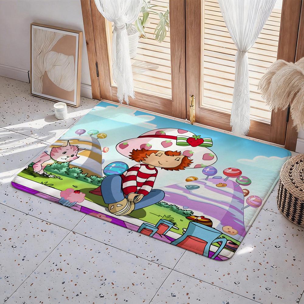 Cartoon S Strawberry Shortcake Floor Mat Eco  Flannel Doormat Non Slip Odorless Indoor Floor Rug Soft Short Plush Home Mat