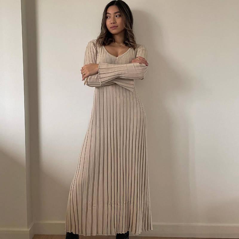Rib-knit Side Split Maxi Dress Women Solid Color V-neck Slim Fit Robes Autumn Chic Office Lady Commuter Long Dresses