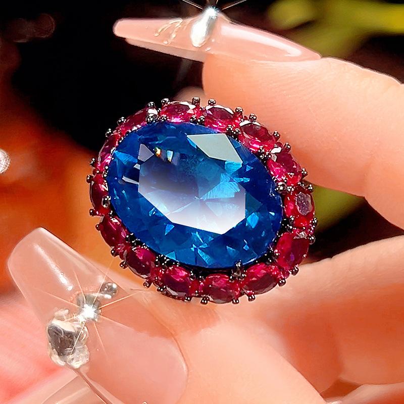 Jewelry Simulation Red Corundum Blue Spinel Light Luxury Jewelry Set Main Stone 15 * 20