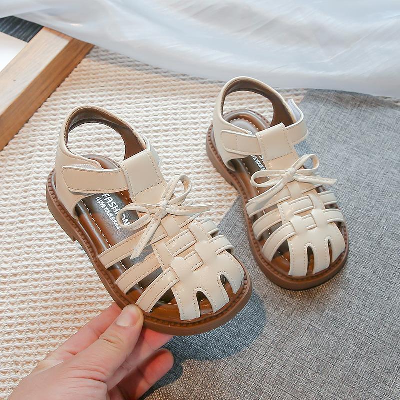 Girls Sandals Simple Bows Kids Beach Shoes Hollowed-out Non-slip 2025 Summer New Children Princess Shoes Soild Color Sweet Lace