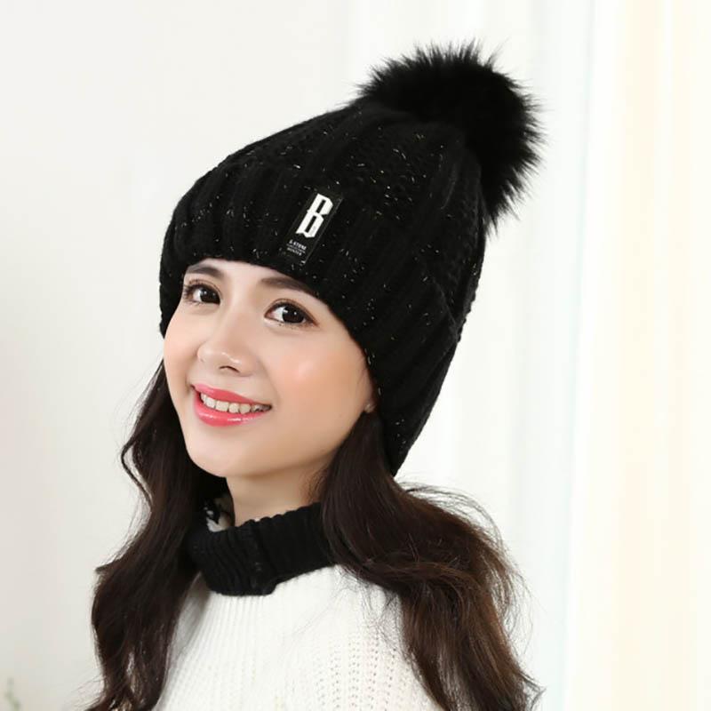 

Зимняя вязаная модная шапка-шарм для женщин, регулируемая, зимняя теплая шерстяная шапка Black