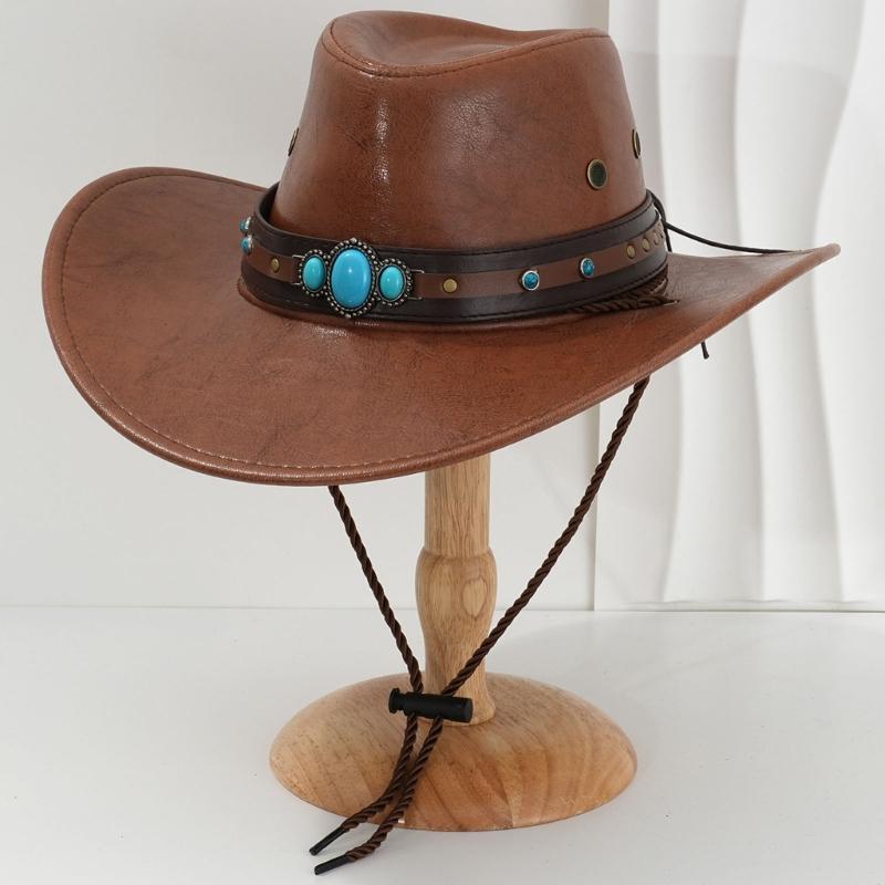 PU Leather Hat Unisex Western Hat Wide Border Hat Sun Protecting Hats Hiking for Western Themed Celebrations