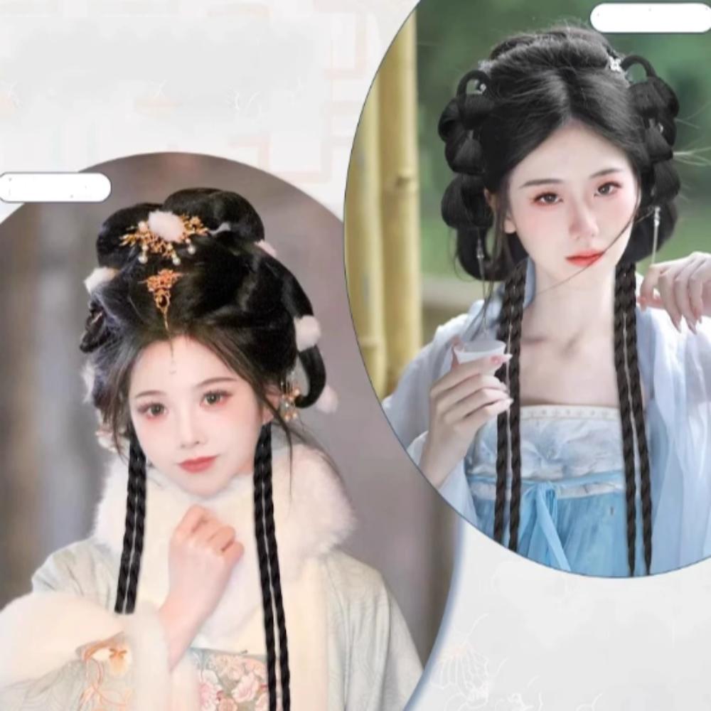 Double Ponytail Bow Bun Head Wig Chinese Hanfu Pony Tail Hairpiece  Princess Cosplay