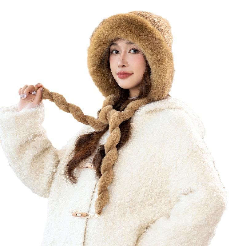 Rainbow Knitted Warm Hat Ladies Winter Plush Thick Plush Ear Protector Pullover Hat Ski Princess Hat Tide