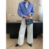 Sinan, Early Autumn New, Intellectual Blue Plaid Embroidered Temperament Casual Shirt Stacked